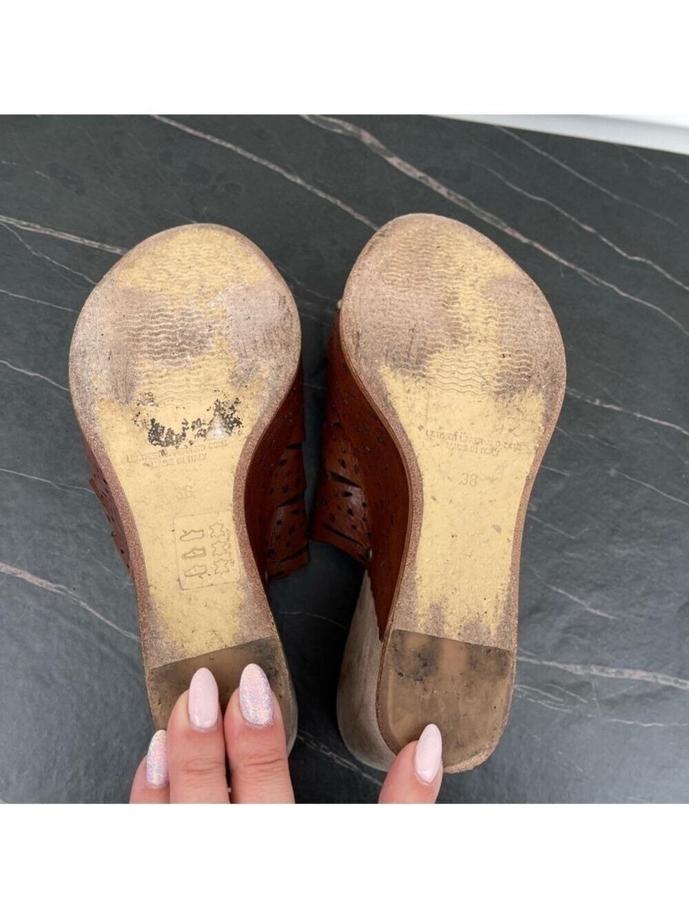 NAPOLEONI women platform wedge sandals mules brown leather Sz 38 - Picture 12 of 16